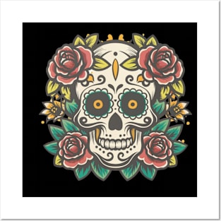 Traditional Floral Skeleton Tattoo Posters and Art